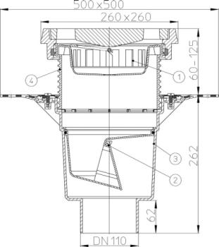 Perfektablauf DN110 senkrecht mit Bitumenmanschette und frostsicherer Geruchsklappe, 260x260mm / Gussrost 226x226mm  HL616.1H/1